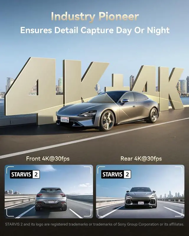 Alt view image 2 of 7 - REDTIGER F77 4K+4K Front and Rear Dash Cam with HDR, Dual STARVIS 2 IMX678 Sensor, Voice Control Dash Camera for Cars with 128GB eMMC Storage, 5.8GHz WiFi, 4'' Touch Screen, 24H Parking Mode