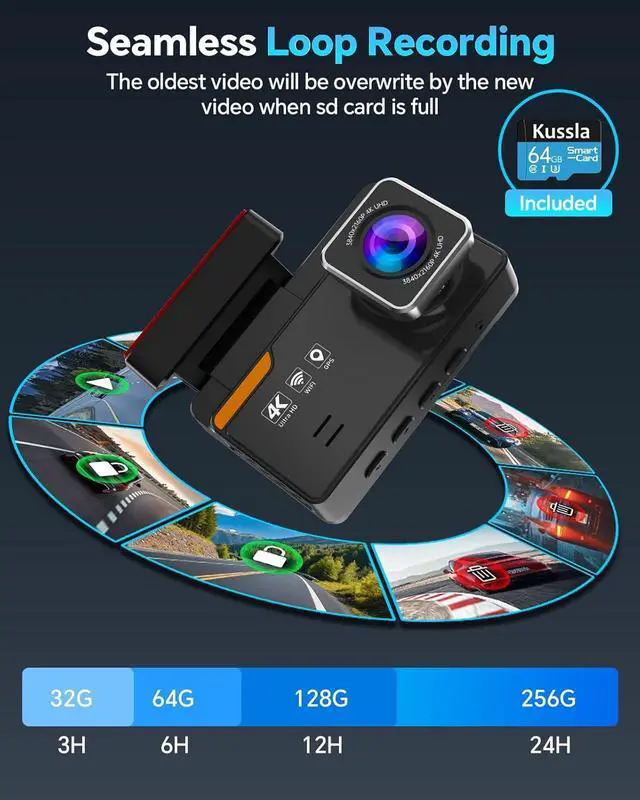 Alt view image 6 of 7 - Dash Cam Front and Rear 4K+1080P, Dash Camera for Cars Built-in GPS WiFi, App Control, 64GB Card, 3 Inch IPS Screen Dual Dashcam Car Camera with ADAS, Night Vision, Loop Recording, G-Sensor