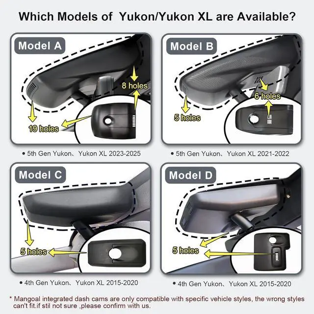 Alt view image 2 of 7 - 4K Dash Cam Custom fit for GMC Yukon, Yukon XL 2015 2016 2017 2018 2019 2020(Model D), Model D & Model C Have Same Models Years but Vehicle Sensor Cover are Different