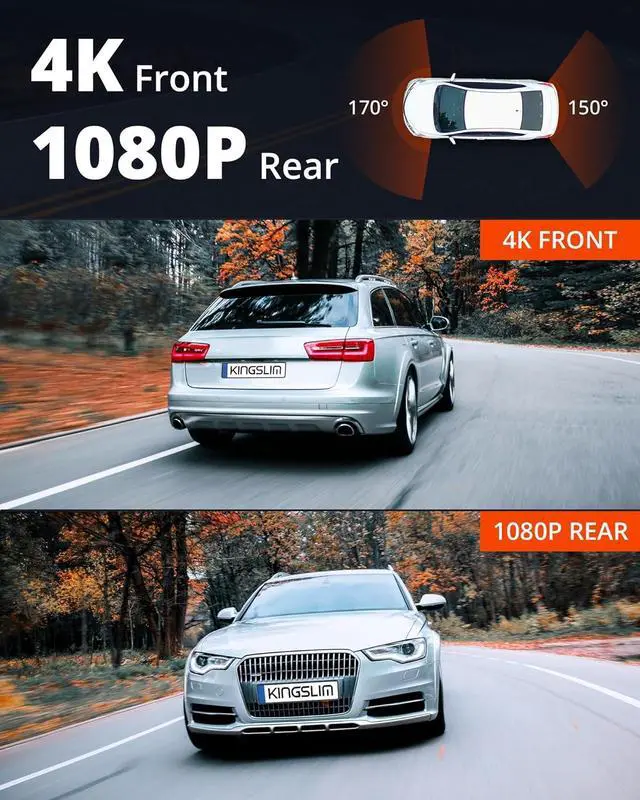 Alt view image 2 of 7 - Kingslim Dash Cam Front and Rear 4K, Car Dash Camera for Cars with Free 64GB Card, 3 Inch Touchscreen, Front and Back Dashcam Built-in WiFi GPS, Night Vision, Parking Monitor, Smart App