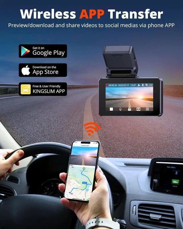 Alt view image 3 of 7 - Kingslim Dash Cam Front and Rear 4K, Car Dash Camera for Cars with Free 64GB Card, 3 Inch Touchscreen, Front and Back Dashcam Built-in WiFi GPS, Night Vision, Parking Monitor, Smart App
