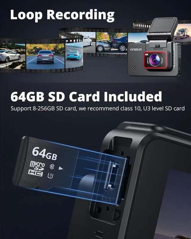 Alt view image 5 of 7 - Kingslim Dash Cam Front and Rear 4K, Car Dash Camera for Cars with Free 64GB Card, 3 Inch Touchscreen, Front and Back Dashcam Built-in WiFi GPS, Night Vision, Parking Monitor, Smart App