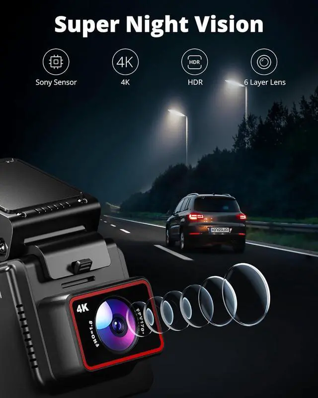 Alt view image 7 of 7 - Kingslim Dash Cam Front and Rear 4K, Car Dash Camera for Cars with Free 64GB Card, 3 Inch Touchscreen, Front and Back Dashcam Built-in WiFi GPS, Night Vision, Parking Monitor, Smart App