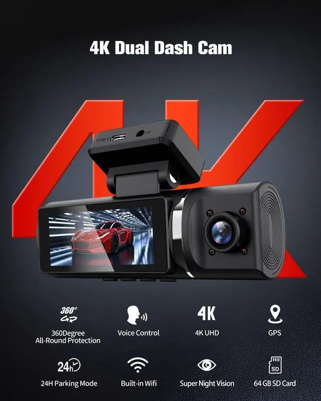 Alt view image 2 of 7 - 3 Channel Dash Cam, 4K+1080P+1080P Front Rear and Inside Dash Camera for Car,WDR Night Vision,Smart Voice Control,Built-in WiFi&GPS,APP Control,G-Sensor, 24H Parking Mode, Free 64GB SD Card