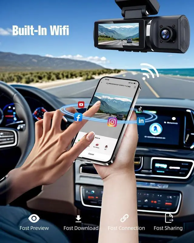 Alt view image 6 of 7 - 3 Channel Dash Cam, 4K+1080P+1080P Front Rear and Inside Dash Camera for Car,WDR Night Vision,Smart Voice Control,Built-in WiFi&GPS,APP Control,G-Sensor, 24H Parking Mode, Free 64GB SD Card