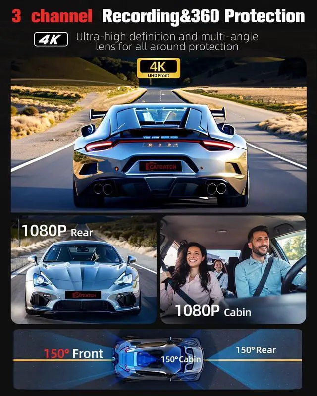 Alt view image 7 of 7 - 3 Channel Dash Cam, 4K+1080P+1080P Front Rear and Inside Dash Camera for Car,WDR Night Vision,Smart Voice Control,Built-in WiFi&GPS,APP Control,G-Sensor, 24H Parking Mode, Free 64GB SD Card