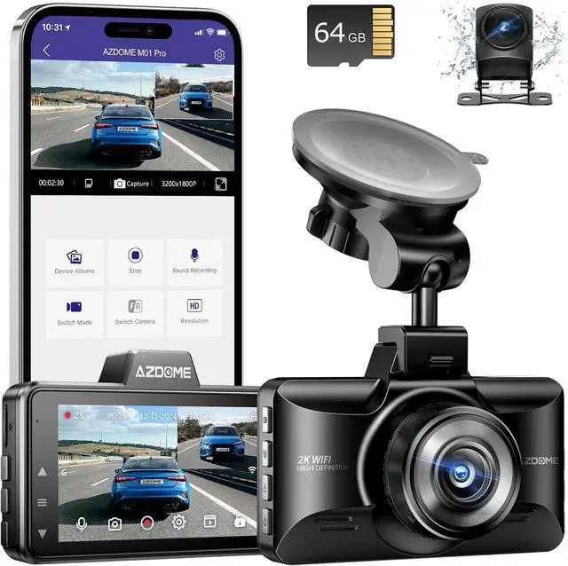 AZDOME Upgraded M01 Pro 3K WiFi Dash Cam Front and Rear, Free 64GB Card, App Control Dashboard Camera for Car, G-Sensor Parking Modes Dashcam, ADAS, Loop Recording