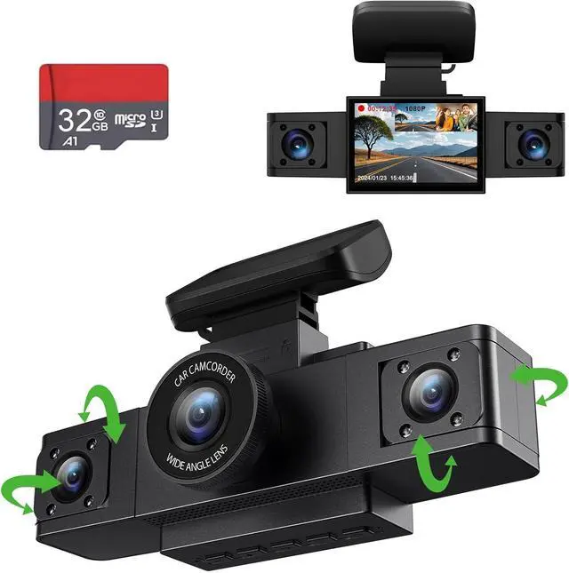 Main image of 3 Channel 1080P Dash Cam Front and Inside Left/Right, Free 32G Card, Dash Camera Loop Recording, Triple Camera for Cars 24 Hours/7 Parking Monitor, Wide Angle, IR Night Vision, with G-Sensor, Black