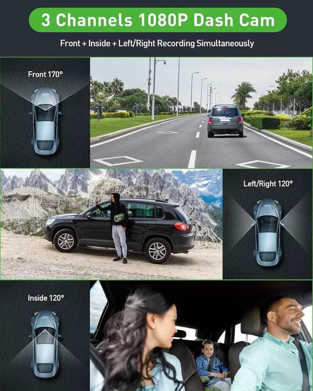 Alt view image 2 of 6 - 3 Channel 1080P Dash Cam Front and Inside Left/Right, Free 32G Card, Dash Camera Loop Recording, Triple Camera for Cars 24 Hours/7 Parking Monitor, Wide Angle, IR Night Vision, with G-Sensor, Black