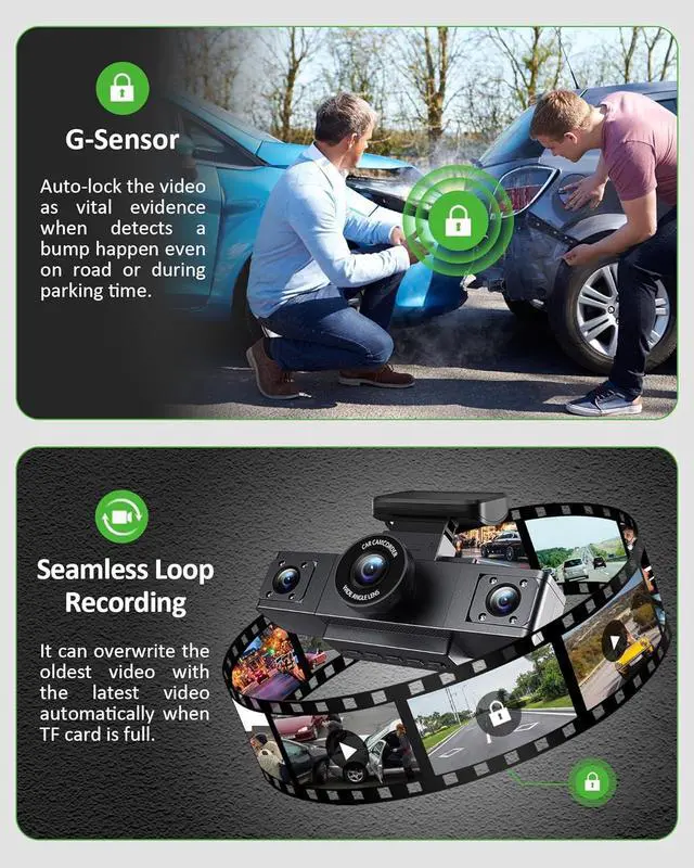 Alt view image 3 of 6 - 3 Channel 1080P Dash Cam Front and Inside Left/Right, Free 32G Card, Dash Camera Loop Recording, Triple Camera for Cars 24 Hours/7 Parking Monitor, Wide Angle, IR Night Vision, with G-Sensor, Black