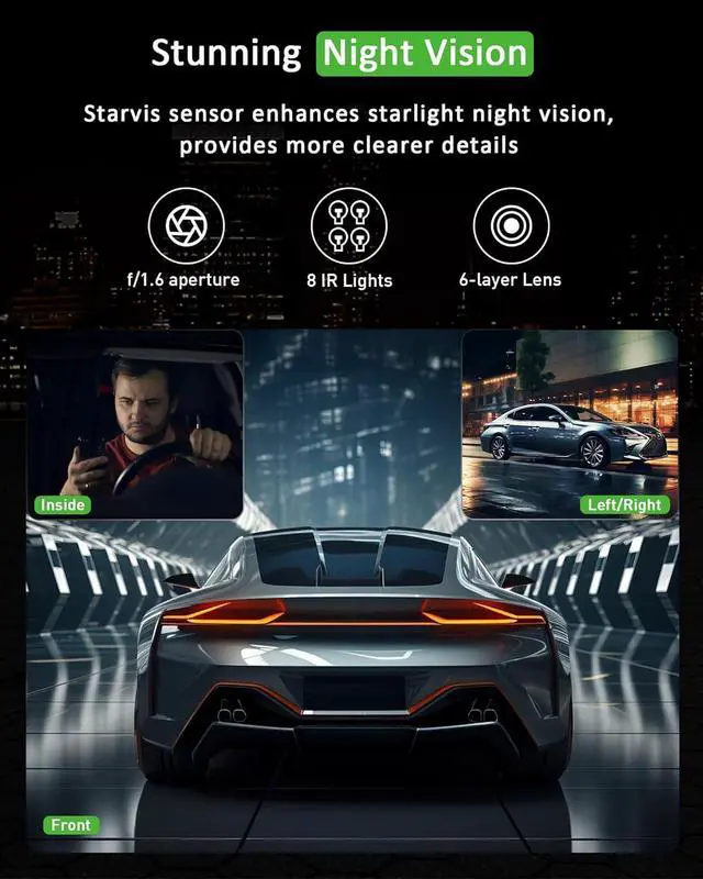 Alt view image 4 of 6 - 3 Channel 1080P Dash Cam Front and Inside Left/Right, Free 32G Card, Dash Camera Loop Recording, Triple Camera for Cars 24 Hours/7 Parking Monitor, Wide Angle, IR Night Vision, with G-Sensor, Black