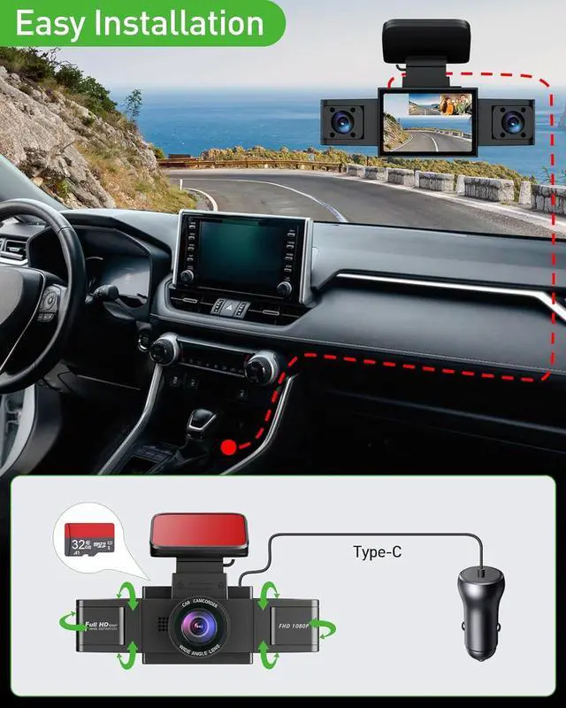 Alt view image 6 of 6 - 3 Channel 1080P Dash Cam Front and Inside Left/Right, Free 32G Card, Dash Camera Loop Recording, Triple Camera for Cars 24 Hours/7 Parking Monitor, Wide Angle, IR Night Vision, with G-Sensor, Black