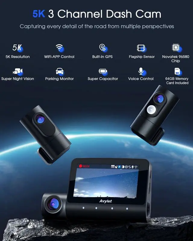 Alt view image 2 of 7 - 5K 3 Channel Dash Cam, Wi-Fi GPS with 64GB Card, 4K+1080P+1080P Front and Rear Inside Triple Car Camera with 3'' IPS Screen, IR Night Vision, Voice Control, 24H Parking Monitor, 512GB Max