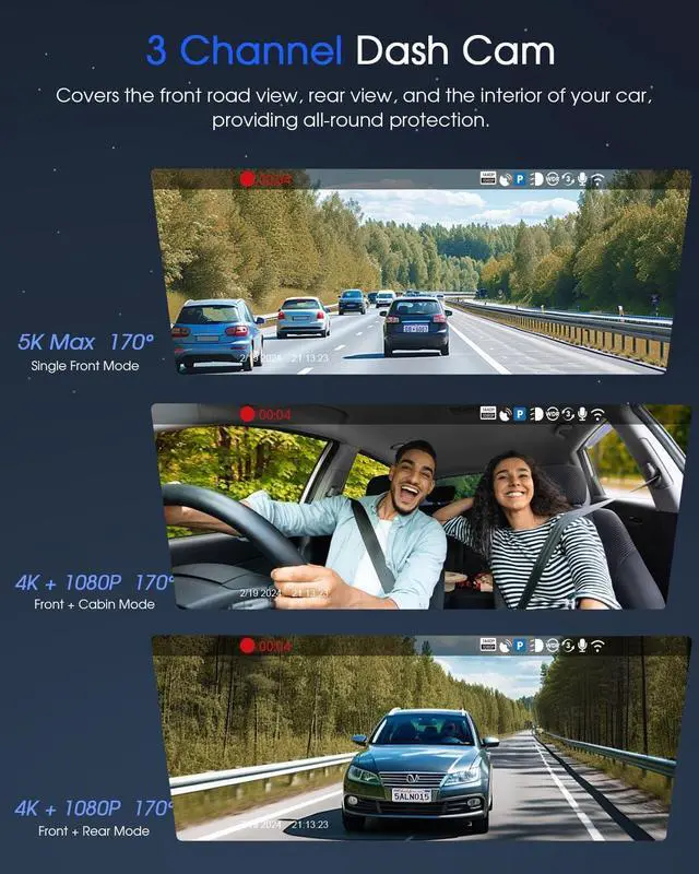 Alt view image 3 of 7 - 5K 3 Channel Dash Cam, Wi-Fi GPS with 64GB Card, 4K+1080P+1080P Front and Rear Inside Triple Car Camera with 3'' IPS Screen, IR Night Vision, Voice Control, 24H Parking Monitor, 512GB Max