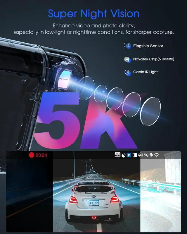 Alt view image 4 of 7 - 5K 3 Channel Dash Cam, Wi-Fi GPS with 64GB Card, 4K+1080P+1080P Front and Rear Inside Triple Car Camera with 3'' IPS Screen, IR Night Vision, Voice Control, 24H Parking Monitor, 512GB Max