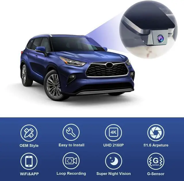 Alt view image 3 of 6 - Fitcamx 4K Dash Cam Suitable for Toyota Highlander 2020-2025 LE Limited L XLE XSE Platinum UX70 (Gen4), OEM Factory Look, UHD 2160P Video, WiFi & APP, G-Sensor, Loop Recording, Plug & Play, 64GB Card