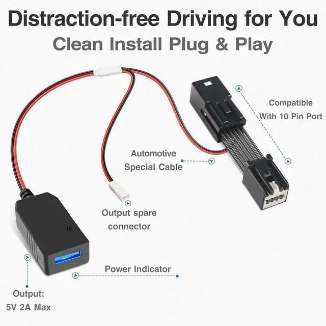 Alt view image 4 of 7 - DashCam Power Adapter,(10P TypeD) Compatible with GMC,Chevy,Cadillca,Buick | for Car with Auto Dimming Rearview Mirror,Built-in Hide USB to GPS Radar Dash Cam Charger Adapter Cable,Clean Install