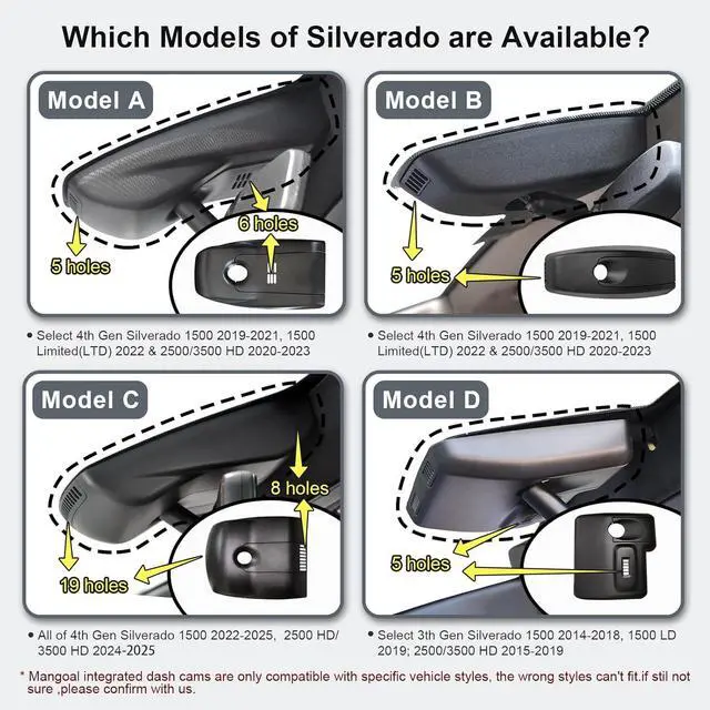 Alt view image 2 of 7 - 4K Dash Cam fit for Chevy Silverado 1500 2019-2021, 1500 Limited 2022 and HD 2020-2023 (Model B), Model B & Model A Have Same Models Years but Vehicle Sensor Cover are Different