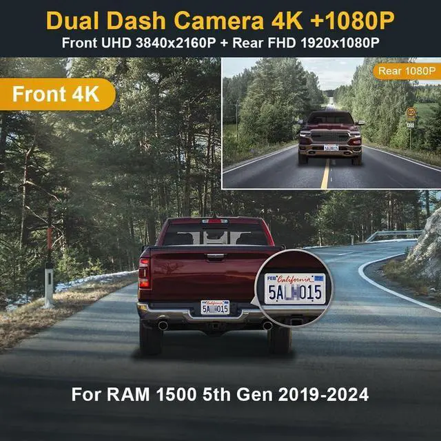 Alt view image 3 of 7 - Fitcamx Front 4K+Rear 1080P Dash Cam Adapts for Dodge RAM 1500 (MODEL B) 2019-2024 Rebel Big Horn Laramie, OEM Look, Dual HD Video, WiFi Connect&APP, Loop Recording G-Sensor, Easy to Set, 128GB Card