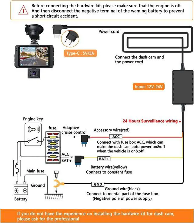 Alt view image 6 of 6 - Type C Dash Camera Hardwire Kit, USB-C Hardwire Kit for Dash Cam Converts 12V-24V to 5V/3A Car Dashcam Charger Cable Kit, Low Voltage Protection (11.5ft)