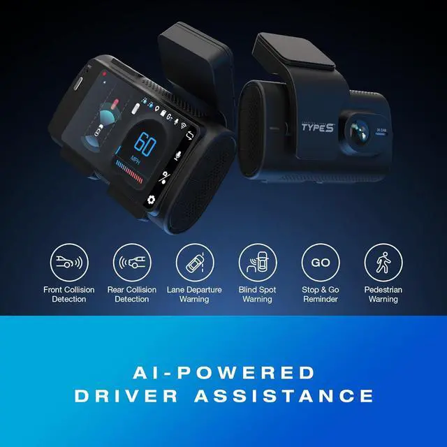 Alt view image 2 of 7 - Type S T200 AI Driver Assistance Dash Cam Powered by ADAS, 1440p, Collision Alerts, Lane and Pedestrian Detection, Vehicle Departure Reminders, Front Rear 2 Channel Smart 24/7 Video Surveillance