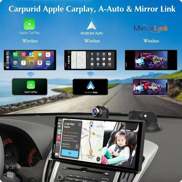 Alt view image 2 of 7 - 2025 Carpuride W903 Wireless Carplay & Android Auto with Dash Cam - 9.3" HD IPS Touch Car Play Screen for Car, 4K Front & 1080P Rear Camera, Loop Recording, Bluetooth Audio, Mirror Link, GPS, Siri