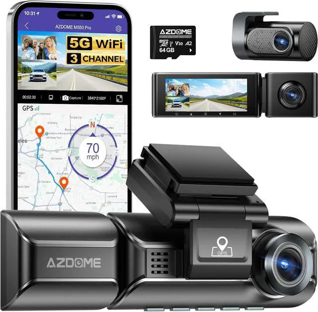 Main image of AZDOME M550 Pro 5G WiFi 3 Channel Dash Cam Built-in GPS, 4K Dual Dash Camera Front and Rear with 64GB Card, 2.5K+1080P+1080P Triple Car Camera, 3.19" IPS Screen, IR Night Vision, 24H Parking Mode