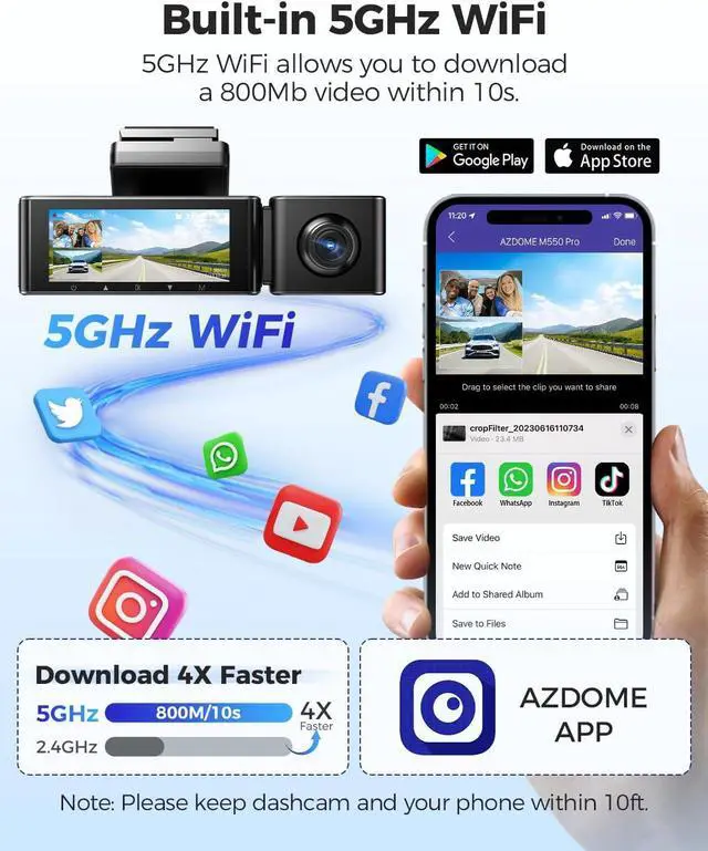 Alt view image 3 of 7 - AZDOME M550 Pro 5G WiFi 3 Channel Dash Cam Built-in GPS, 4K Dual Dash Camera Front and Rear with 64GB Card, 2.5K+1080P+1080P Triple Car Camera, 3.19" IPS Screen, IR Night Vision, 24H Parking Mode