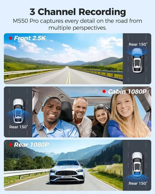 Alt view image 4 of 7 - AZDOME M550 Pro 5G WiFi 3 Channel Dash Cam Built-in GPS, 4K Dual Dash Camera Front and Rear with 64GB Card, 2.5K+1080P+1080P Triple Car Camera, 3.19" IPS Screen, IR Night Vision, 24H Parking Mode