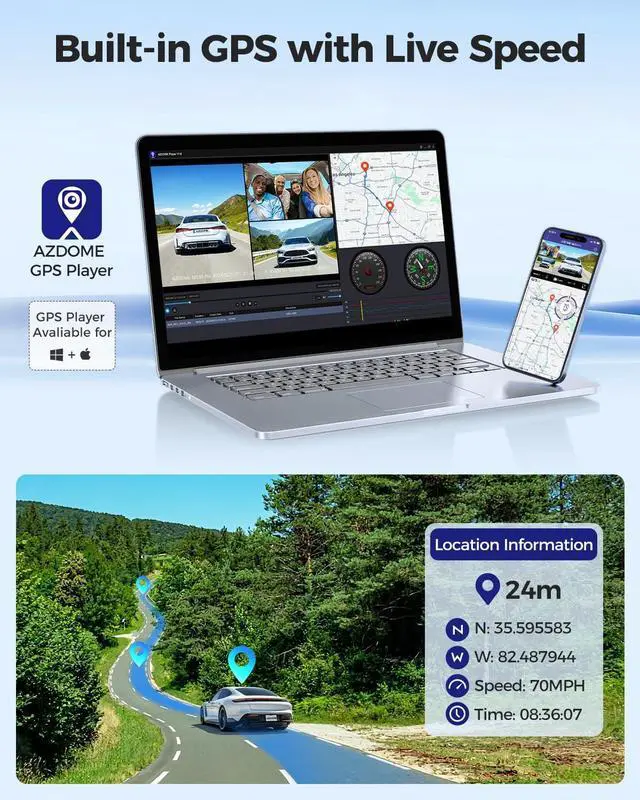 Alt view image 7 of 7 - AZDOME M550 Pro 5G WiFi 3 Channel Dash Cam Built-in GPS, 4K Dual Dash Camera Front and Rear with 64GB Card, 2.5K+1080P+1080P Triple Car Camera, 3.19" IPS Screen, IR Night Vision, 24H Parking Mode