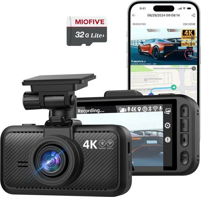 Main image of Miofive Car Camera 4K Resolution, WiFi, Bluetooth, GPS Dash Cam, 3-Inch IPS Screen, Night Vision, Loop Recording, HDR, App Control, and Supports up to 512GB with a Free 32GB Card Included