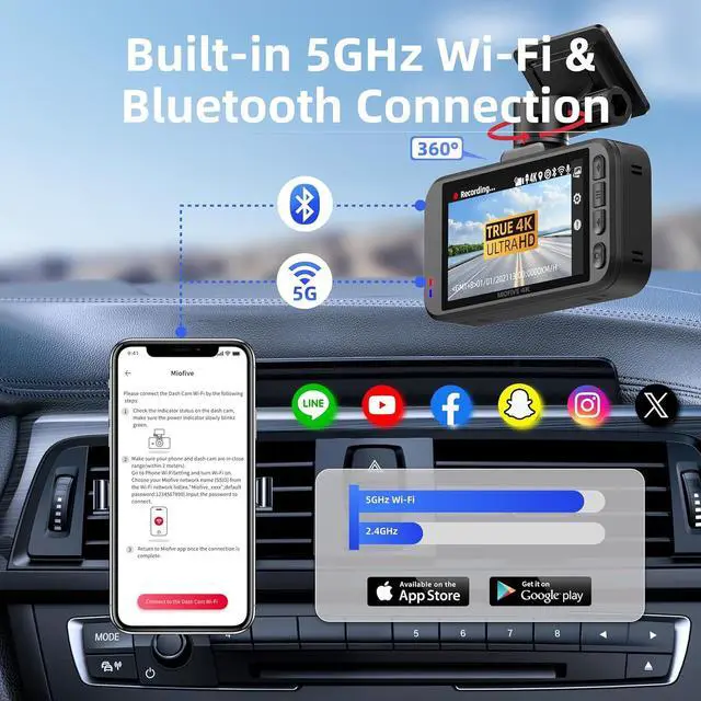 Alt view image 3 of 7 - Miofive Car Camera 4K Resolution, WiFi, Bluetooth, GPS Dash Cam, 3-Inch IPS Screen, Night Vision, Loop Recording, HDR, App Control, and Supports up to 512GB with a Free 32GB Card Included