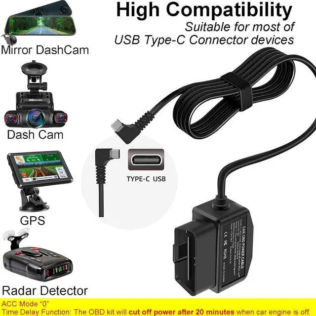 Alt view image 2 of 7 - Dash Cam OBD Hardwire Kit, Dash Camera USB Type C Hardwire Kit with OBD2 Power Cable for Dashcam 12-24V to 5V/3A with Low Voltage Protection 24h Parking Surveillance/ACC Mode for Dashcam, GPS or Radar