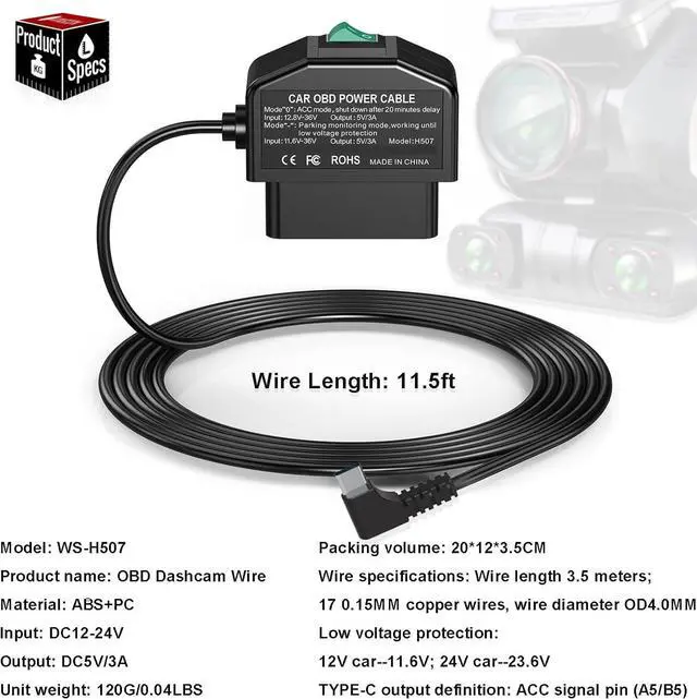 Alt view image 6 of 7 - Dash Cam OBD Hardwire Kit, Dash Camera USB Type C Hardwire Kit with OBD2 Power Cable for Dashcam 12-24V to 5V/3A with Low Voltage Protection 24h Parking Surveillance/ACC Mode for Dashcam, GPS or Radar