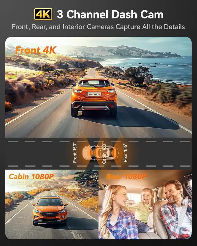 Alt view image 2 of 7 - WOLFBOX i17 4K 3 Channel Dash Cam, 5.8GHz WiFi & GPS with 64GB Card, 4K+1080P+1080P Dash Cam Front and Rear Inside, Triple Car Camera with 3 Inch Screen, IR Night Vision, WDR, 24H Parking Mode