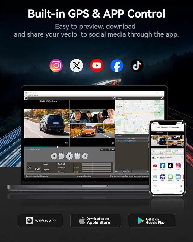 Alt view image 6 of 7 - WOLFBOX i17 4K 3 Channel Dash Cam, 5.8GHz WiFi & GPS with 64GB Card, 4K+1080P+1080P Dash Cam Front and Rear Inside, Triple Car Camera with 3 Inch Screen, IR Night Vision, WDR, 24H Parking Mode