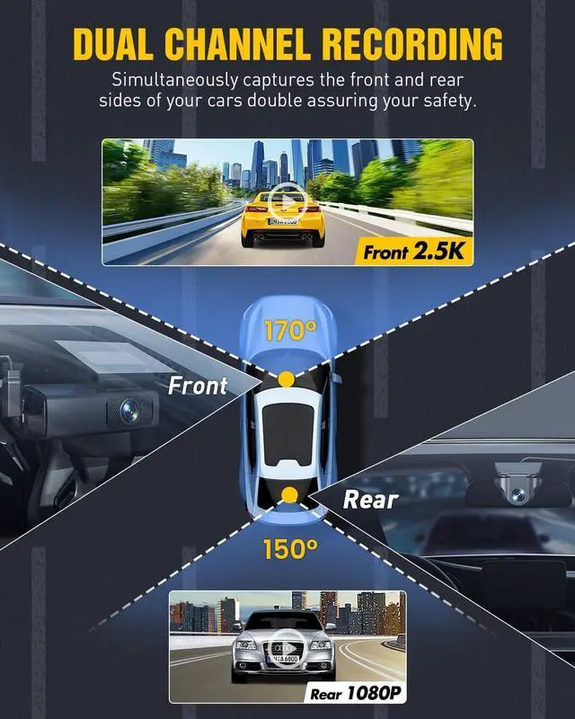 Alt view image 3 of 7 - Dash Cam Front and Rear, EUKI 4K/2.5K UHD Dash Camera for Cars,Dashcam Built-in WiFi, Free 64GB Card, Night Vision, 170°Wide Angle, WDR, 24H Parking Mode