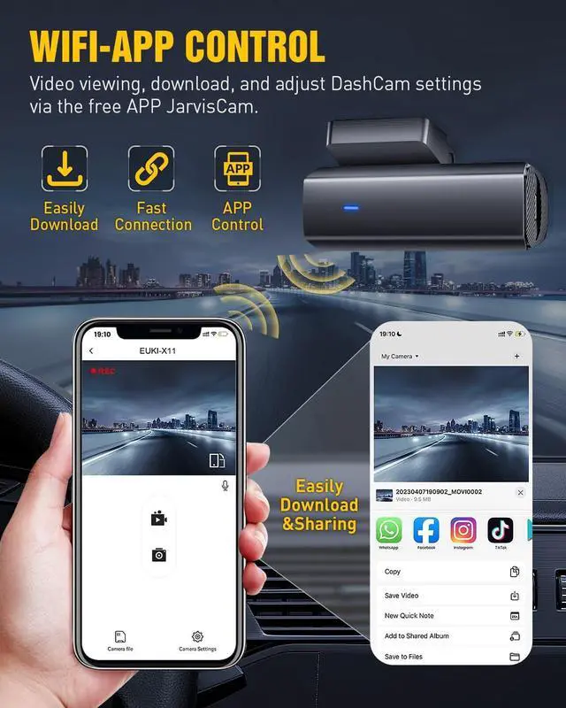 Alt view image 4 of 7 - Dash Cam Front and Rear, EUKI 4K/2.5K UHD Dash Camera for Cars,Dashcam Built-in WiFi, Free 64GB Card, Night Vision, 170°Wide Angle, WDR, 24H Parking Mode