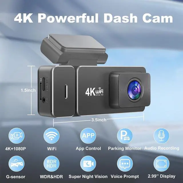 Alt view image 2 of 7 - Dash Cam Front and Rear, 4K+1080P WiFi Dual Dash Cam, with Free 64GB Card, Dash Camera for Cars with APP, 2.99 IPS Car Camera, Night Vision, 170°Wide Angle, 24H Parking Mode, Loop Recording