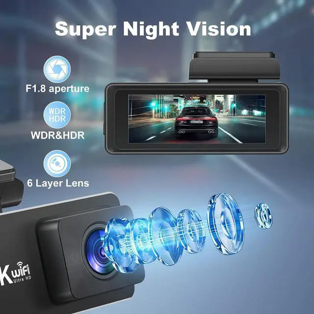 Alt view image 4 of 7 - Dash Cam Front and Rear, 4K+1080P WiFi Dual Dash Cam, with Free 64GB Card, Dash Camera for Cars with APP, 2.99 IPS Car Camera, Night Vision, 170°Wide Angle, 24H Parking Mode, Loop Recording