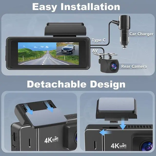 Alt view image 7 of 7 - Dash Cam Front and Rear, 4K+1080P WiFi Dual Dash Cam, with Free 64GB Card, Dash Camera for Cars with APP, 2.99 IPS Car Camera, Night Vision, 170°Wide Angle, 24H Parking Mode, Loop Recording