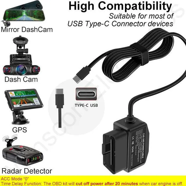 Alt view image 2 of 7 - Dash Cam Hardwire Kit OBD, Type C Dash Camera Hardwire Kit USB C with OBD Power Cable for Dashcam 12-24V to 5V/3A with Low Voltage Protection 24h Parking Surveillance/Acc Mode for Dashcam, GPS, Radar
