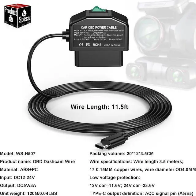 Alt view image 4 of 7 - Dash Cam Hardwire Kit OBD, Type C Dash Camera Hardwire Kit USB C with OBD Power Cable for Dashcam 12-24V to 5V/3A with Low Voltage Protection 24h Parking Surveillance/Acc Mode for Dashcam, GPS, Radar