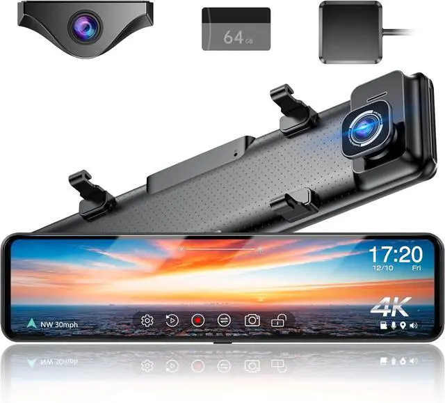 Main image of 12" 4K UHD Mirror Dash Cam Front and Rear with Zoom Backup Camera, 2160P Dual Rear View Mirror Camera for Cars & Trucks, 64GB Card Included, GPS, WDR, Super Night Vision, Parking Assist & G-Sensor