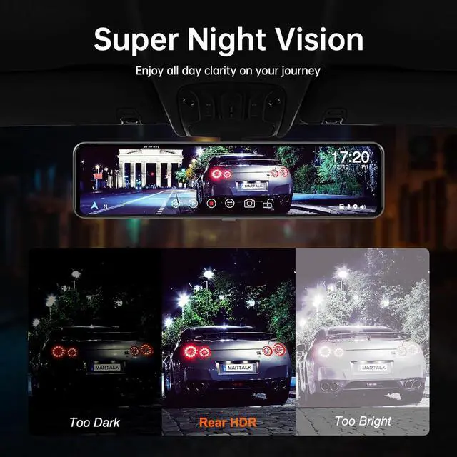 Alt view image 4 of 7 - 12" 4K UHD Mirror Dash Cam Front and Rear with Zoom Backup Camera, 2160P Dual Rear View Mirror Camera for Cars & Trucks, 64GB Card Included, GPS, WDR, Super Night Vision, Parking Assist & G-Sensor