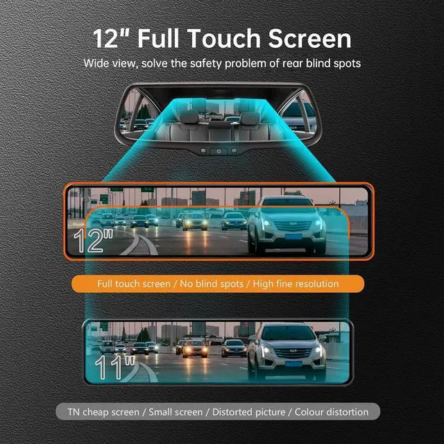 Alt view image 5 of 7 - 12" 4K UHD Mirror Dash Cam Front and Rear with Zoom Backup Camera, 2160P Dual Rear View Mirror Camera for Cars & Trucks, 64GB Card Included, GPS, WDR, Super Night Vision, Parking Assist & G-Sensor