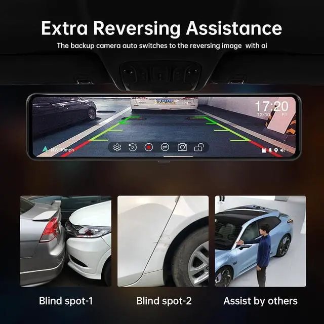 Alt view image 6 of 7 - 12" 4K UHD Mirror Dash Cam Front and Rear with Zoom Backup Camera, 2160P Dual Rear View Mirror Camera for Cars & Trucks, 64GB Card Included, GPS, WDR, Super Night Vision, Parking Assist & G-Sensor