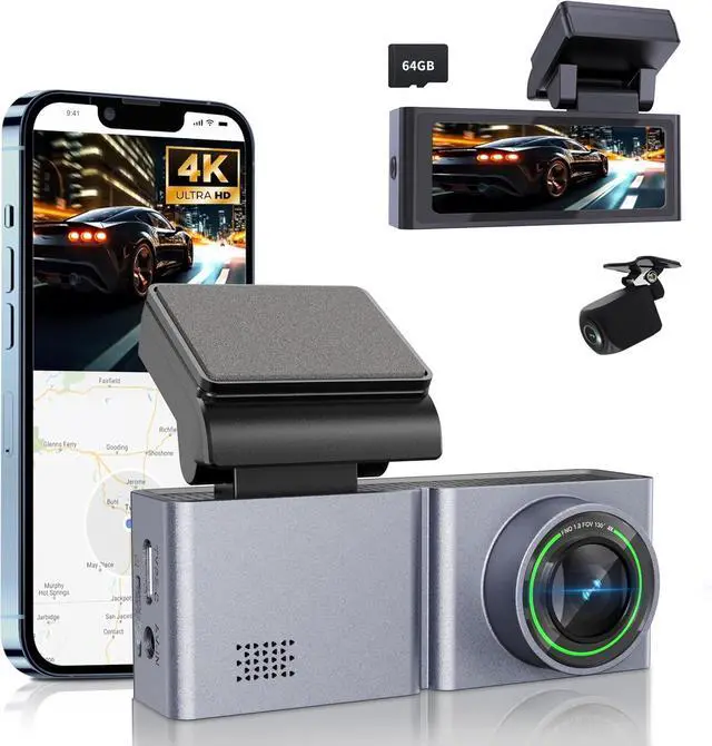 Main image of Dash Cam Front and Rear, 4K/1080P Dual Channel Dash Camera for Cars with WiFi and GPS, 3.2" IPS Dashcam with Night Vision and 24H Parking, WDR, G-Sensor, Loop Recording, Free 64GB Card