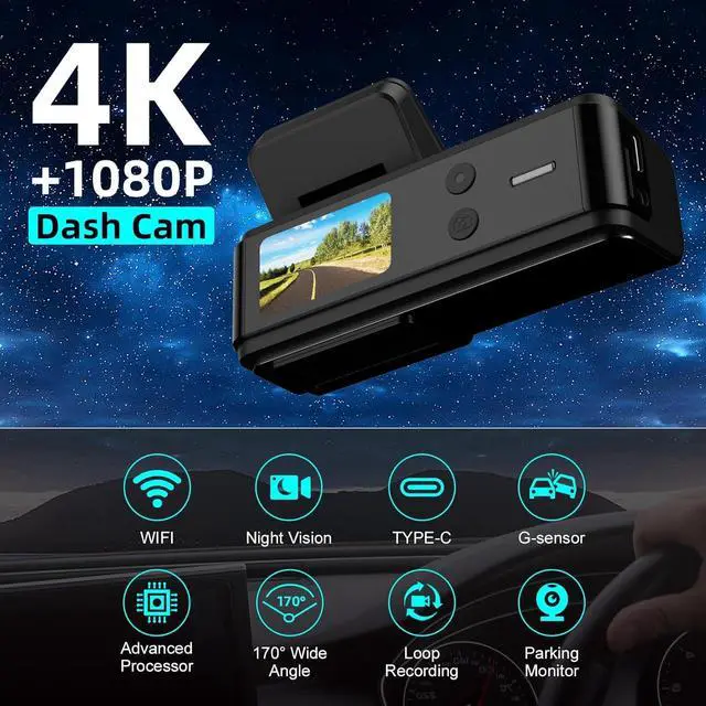 Alt view image 4 of 7 - Dash Cam Front and Rear, 4K + 1080P Dual Dash Camera for Cars with Free 64GB Card, 5GHz WiFi, 360° Swivel Rear Camera, App Control, WDR, G-Sensor, Night Vision, Loop Recording, Parking Mode