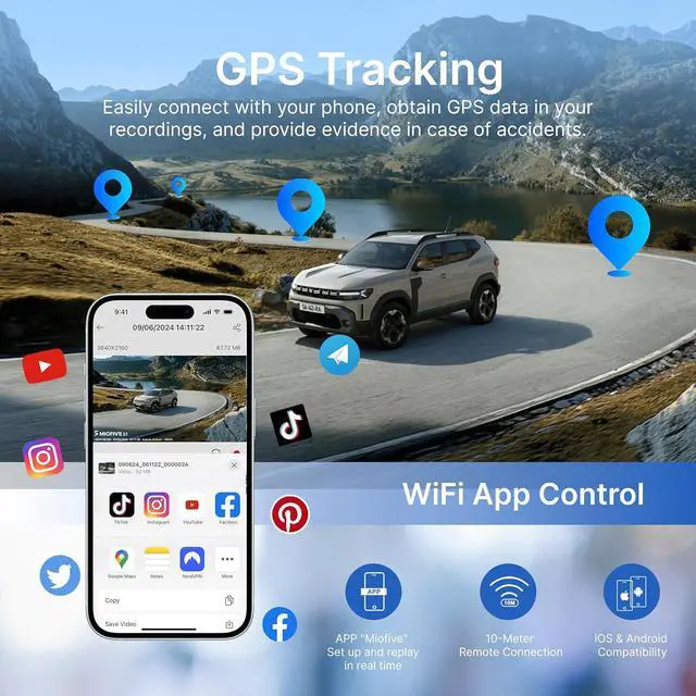 Alt view image 3 of 7 - Miofive Dash Cam Front and Rear, 4K+2K Dash Cam for Car, Built-in 5G Wi-Fi & GPS, 32GB SD Card Included, 24H Parking Monitoring, HDR, Night Vision, Loop Recording, App Control, Supports up to 512GB